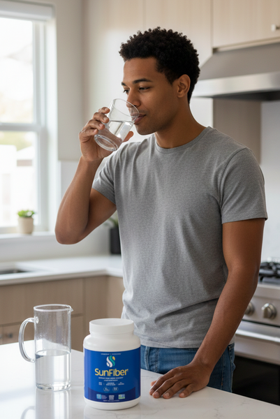 Man drinking water from a glass with Sunfiber