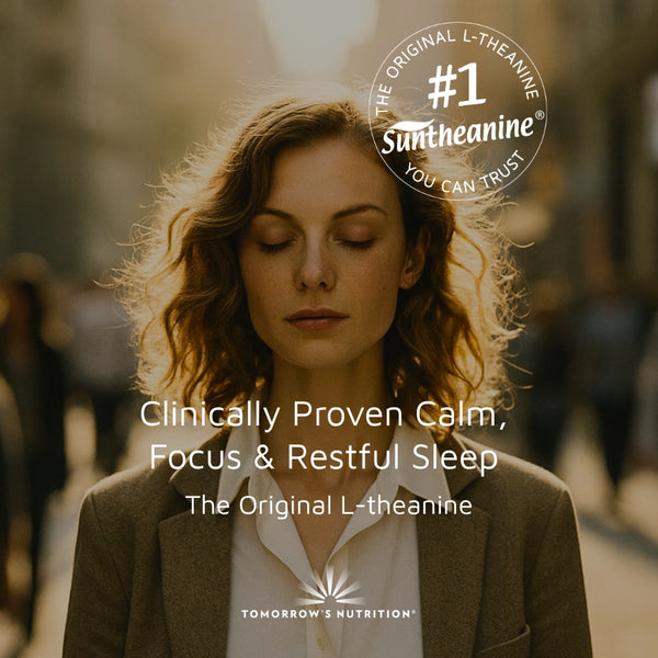 Woman with closed eyes in a blurred outdoor setting, featuring Suntineine branding and product claims.