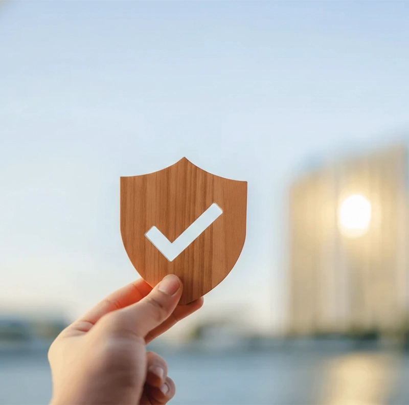 Hand holding a wooden shield with a white check mark 