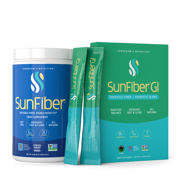 SunFiber supplement packaging including a container, packets, and a box on a white background