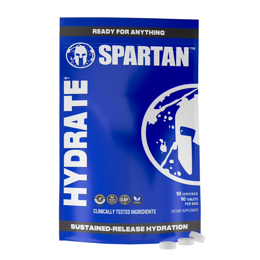 Spartan Hydrate Front of Product Pouch with three tablets