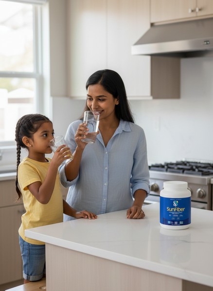 Woman and child drinking from glasses in a kitchen with a container of Sunfiber Supplement on the counter.