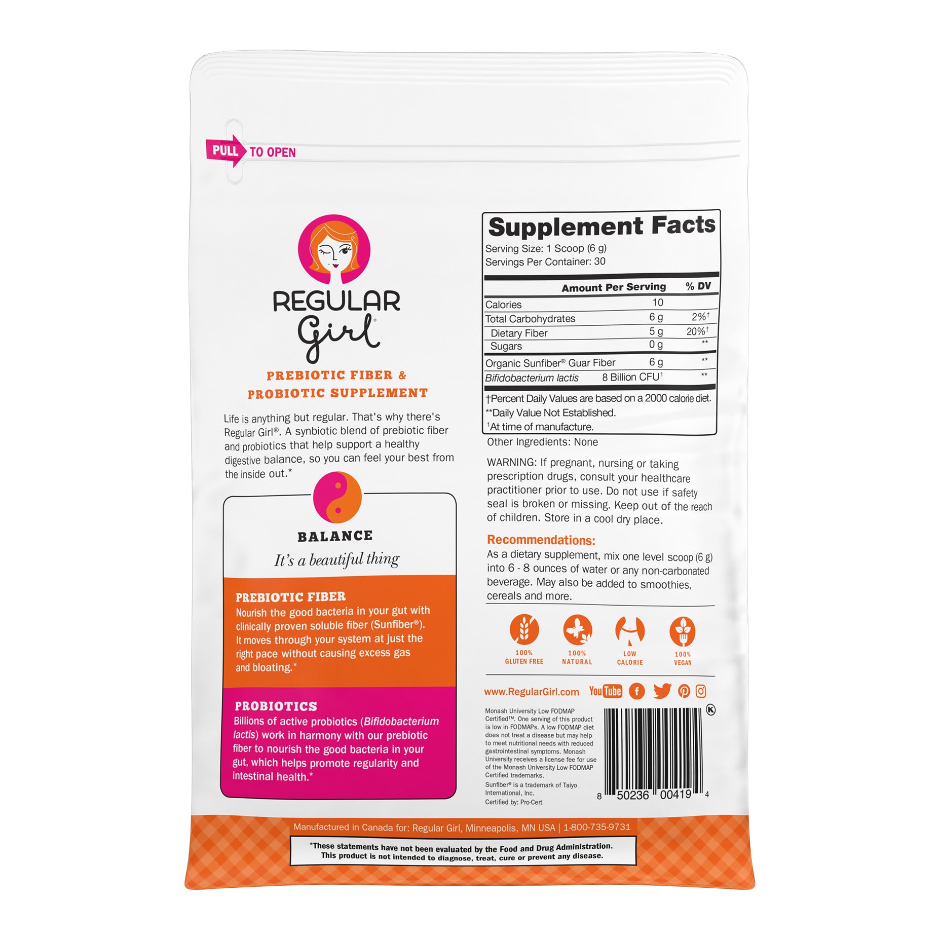 Original Regular Girl Prebiotic Fiber Pouch - Back view showing supplement facts