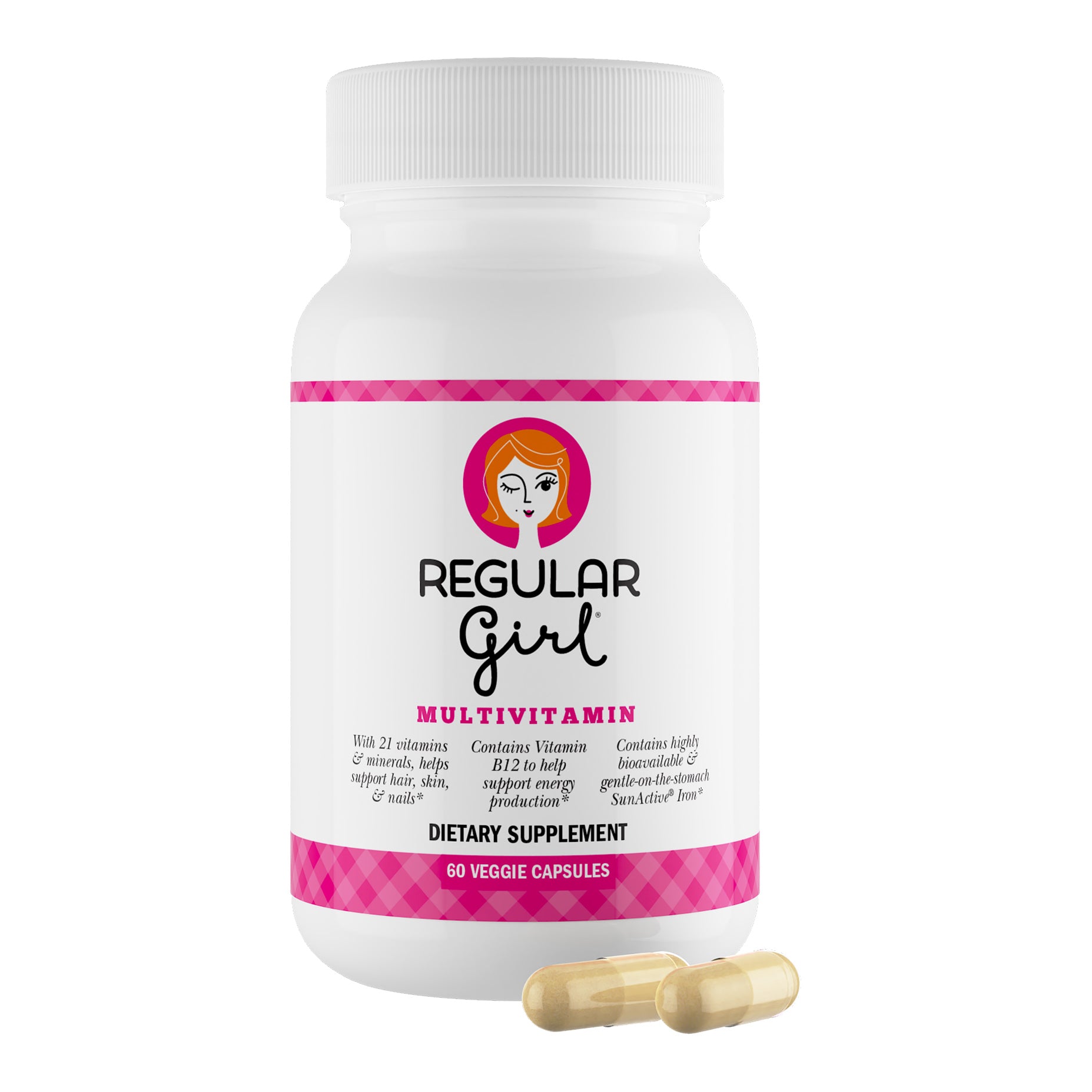 Regular Girl Multi Vitamin Bottle Front View with two capsules