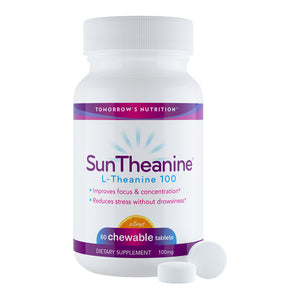 Tomorrow's Nutrition Suntheanine Chewable tablets supplement bottle - front view with two chewable tablets