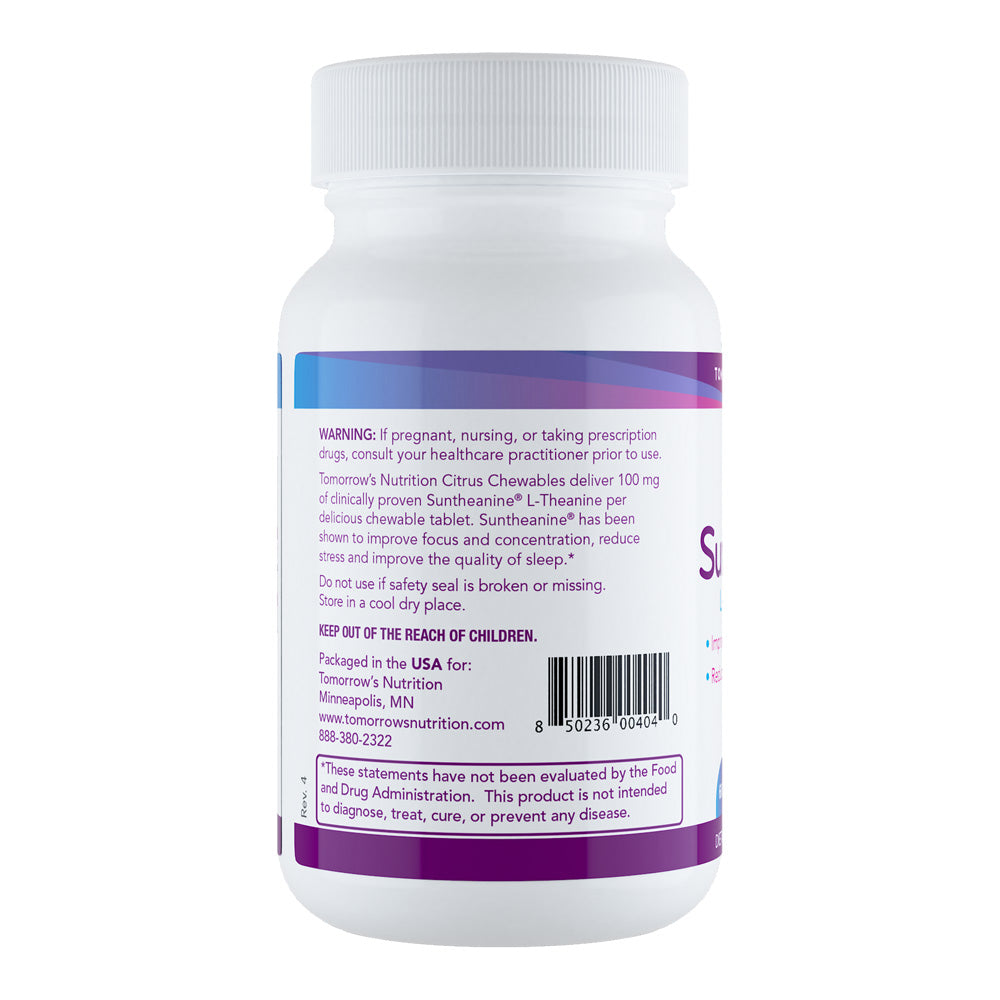 Tomorrow's Nutrition Suntheanine Chewable tablets  supplement bottle - side view