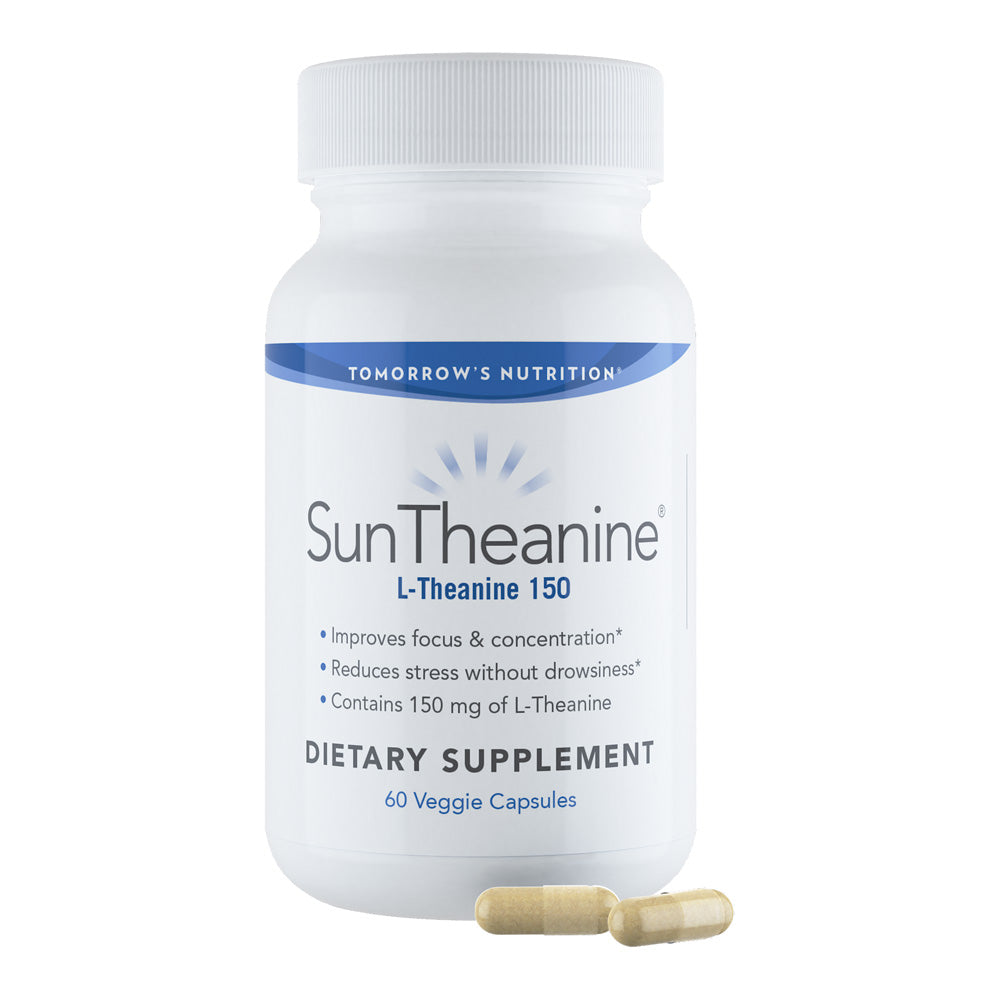 Tomorrow's Nutrition Suntheanine Bottle - Front view with two capsules