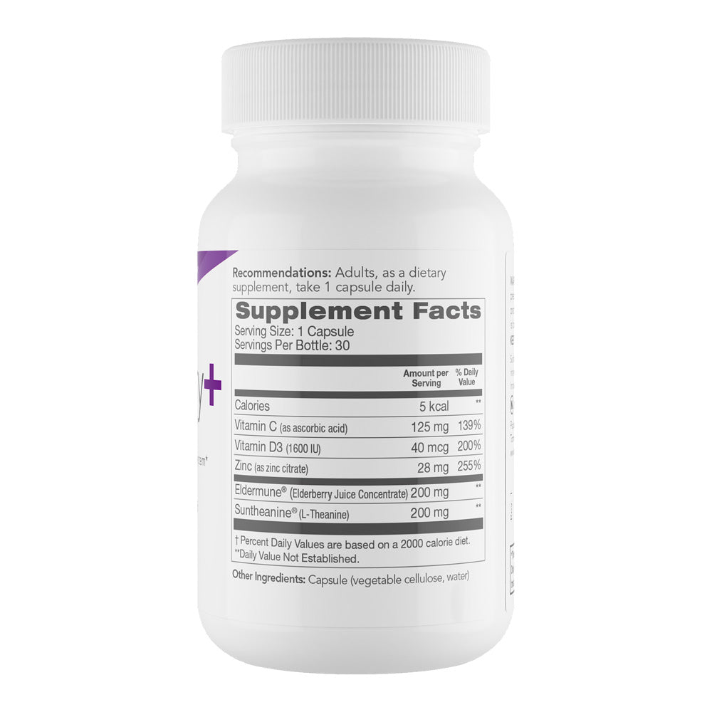 Tomorrow's Nutrition Elderberry Plus Supplement Bottle Back View showing Supplement Facts