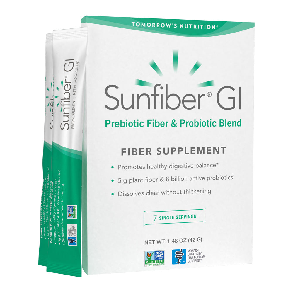 Tomorrow's Nutrition Sunfiber GI 3/4 front view of product box with two on-the-go packets