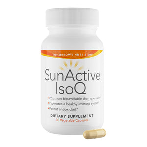 Tomorrow's Nutrition SunActive IsoQ front of supplement bottle with one capsule