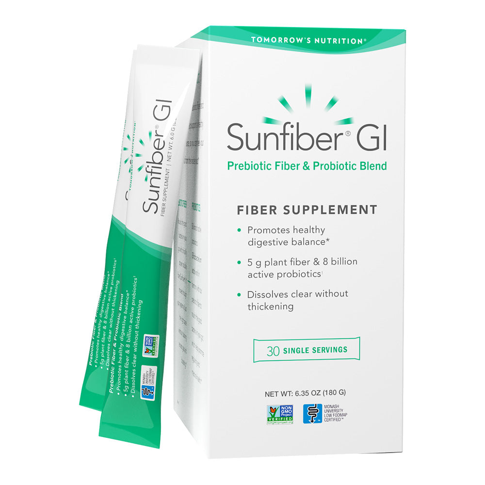 Tomorrow's Nutrition Sunfiber GI 3/4 front view of product box with two on-the-go packets